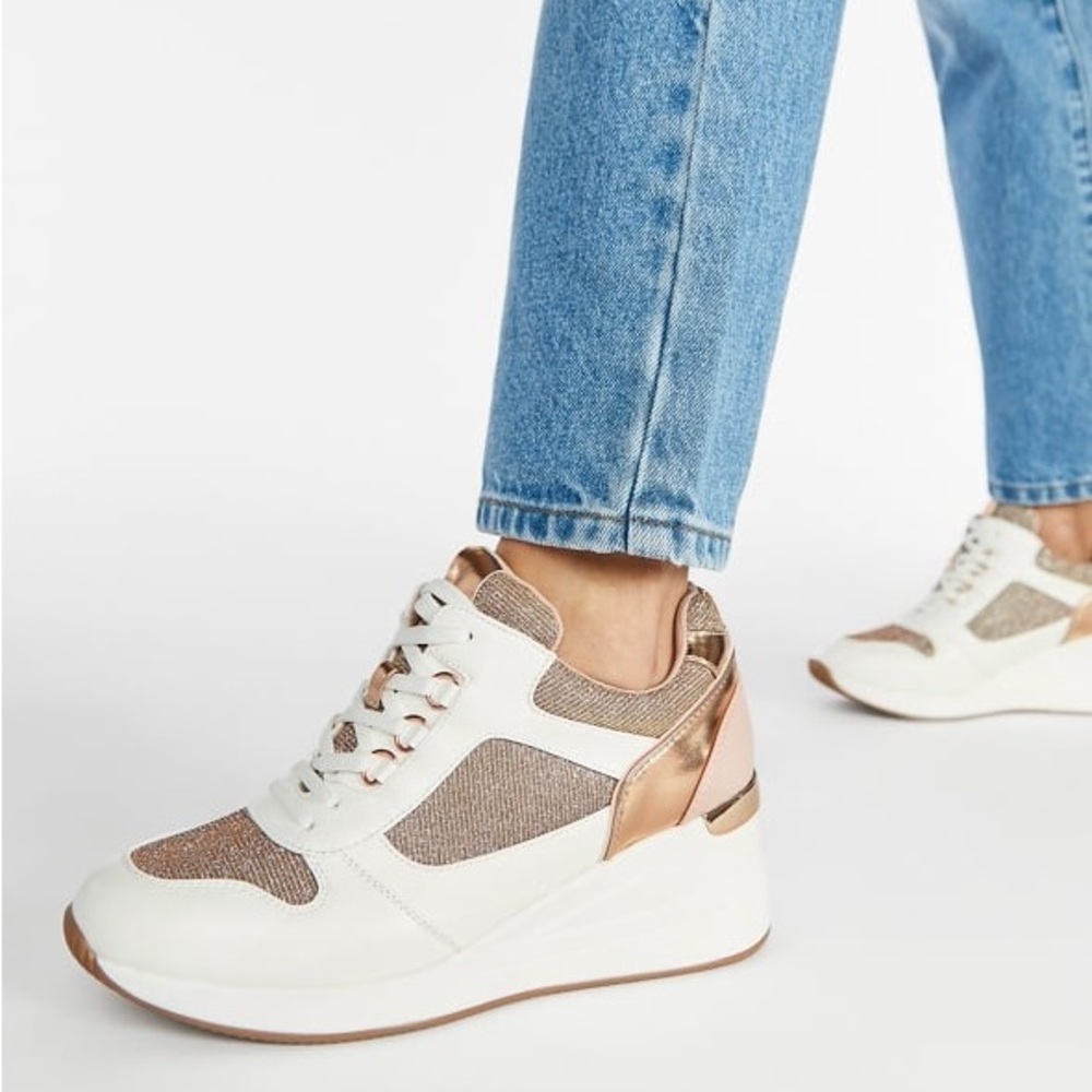 •Trinity• Stylish Women's White, Blush, & Rose Gold Wedge Sneakers - Picture 2 of 3